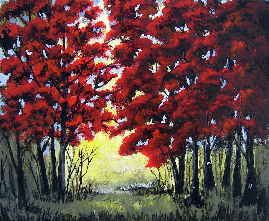 Red Forest Painting by Suzanne Theis