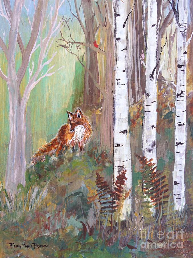 Red Fox and Cardinals Painting by Robin Pedrero