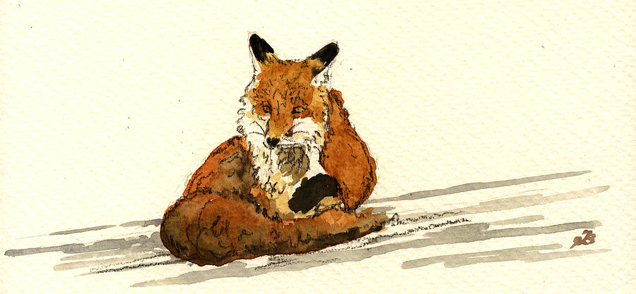 Wildlife Painting - Red Fox sitting snow by Juan  Bosco
