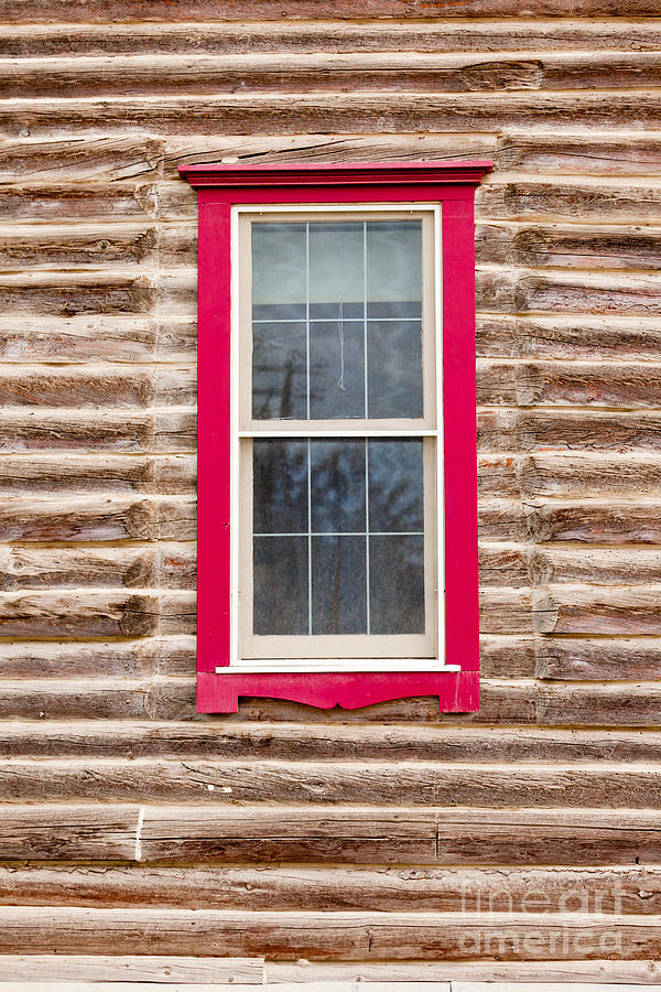 Red Framed Window In Log House Wall Architecture Photograph
