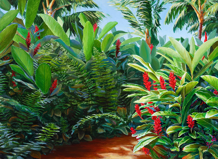 Tropical Jungle Landscape - Red Garden Hawaiian Torch Ginger Wall Art Painting by K Whitworth