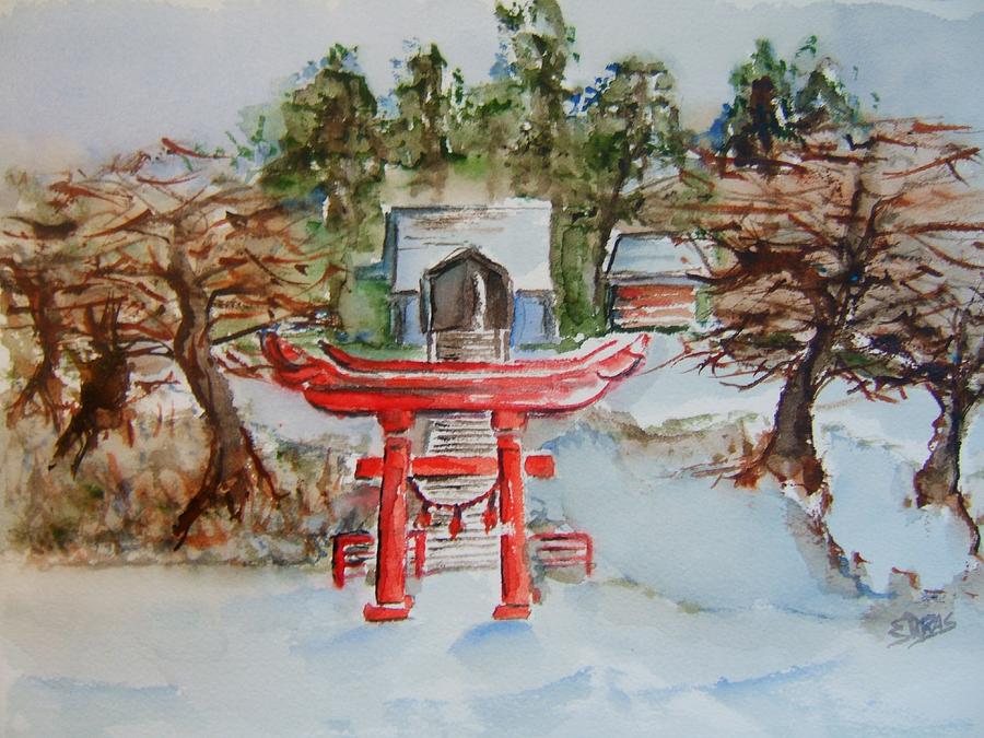 Red Gate in Snow Painting by Elaine Duras