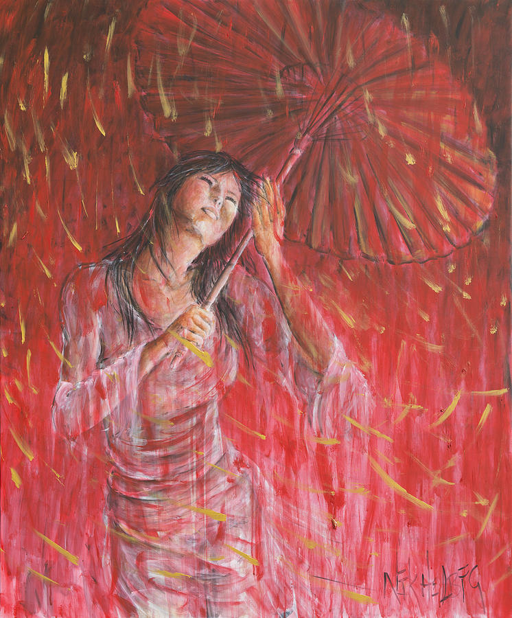 Red Geisha Rain Storm Painting by Nik Helbig