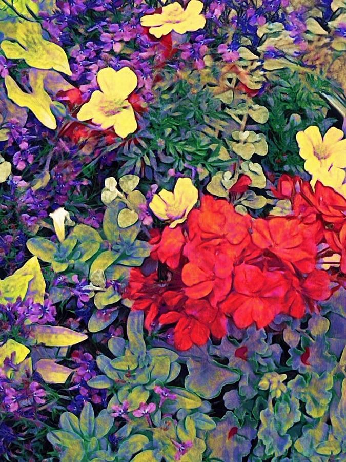 V Red Geranium with Yellow and Purple Flowers - Vertical Digital Art by Lyn Voytershark