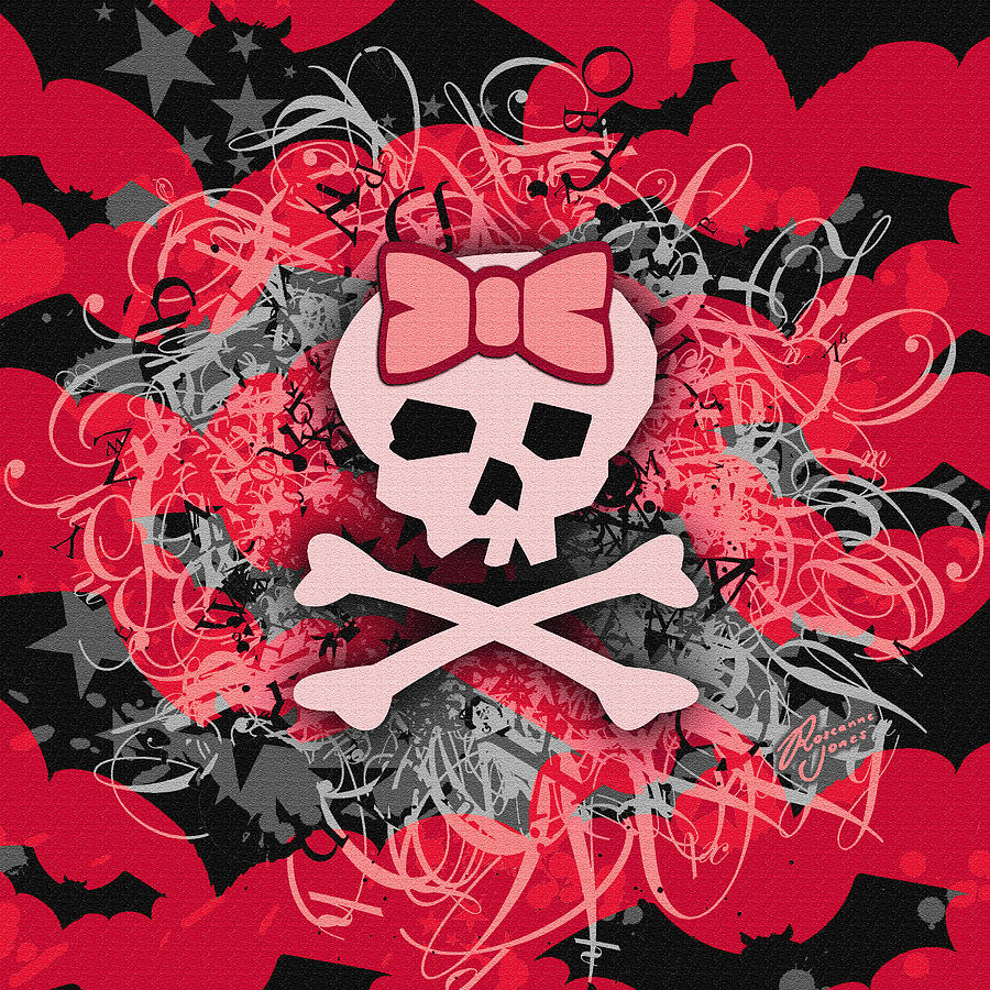 Red Girly Bat Skull Digital Art