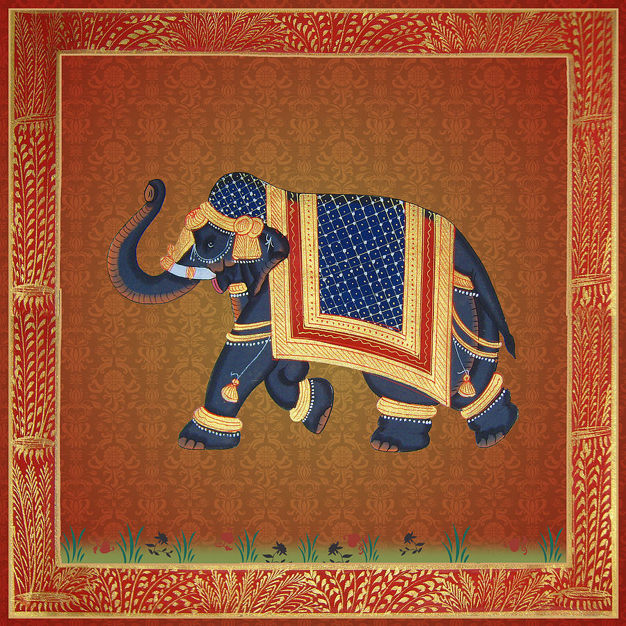 Abstract Digital Art - Red gold blue damask Elephant print by ReadyForYoga Online-Shop