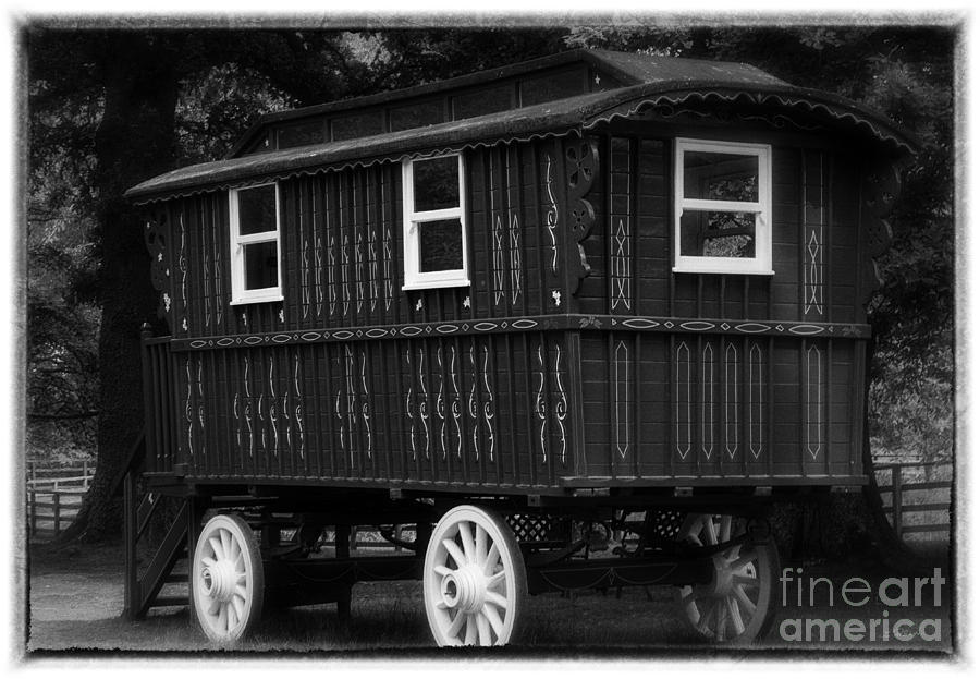 Black And White Photograph - Red Gypsy Wagon Romantic Black and White by Iris Richardson