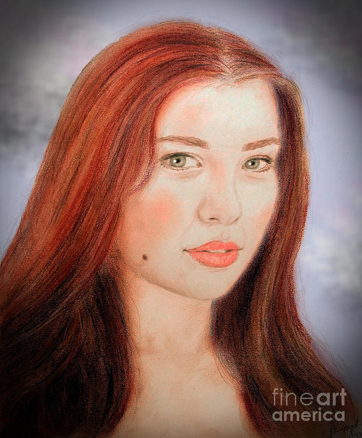 Portrait Drawing - Red Hair and Blue Eyed Beauty with a Beauty Mark II by Jim Fitzpatrick