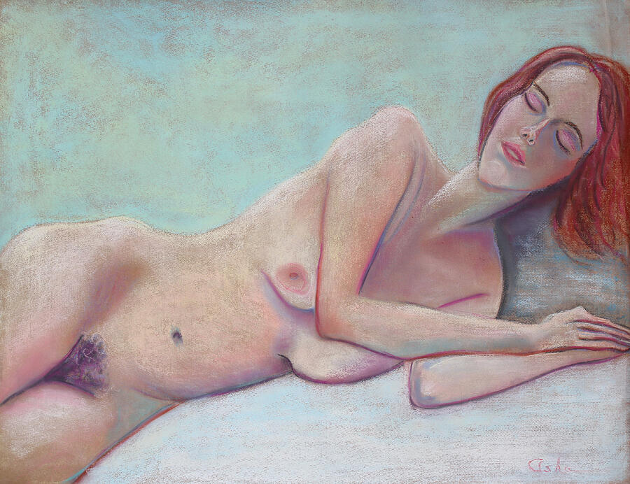 Red Haired Model Sleeping Pastel by Asha Carolyn Young