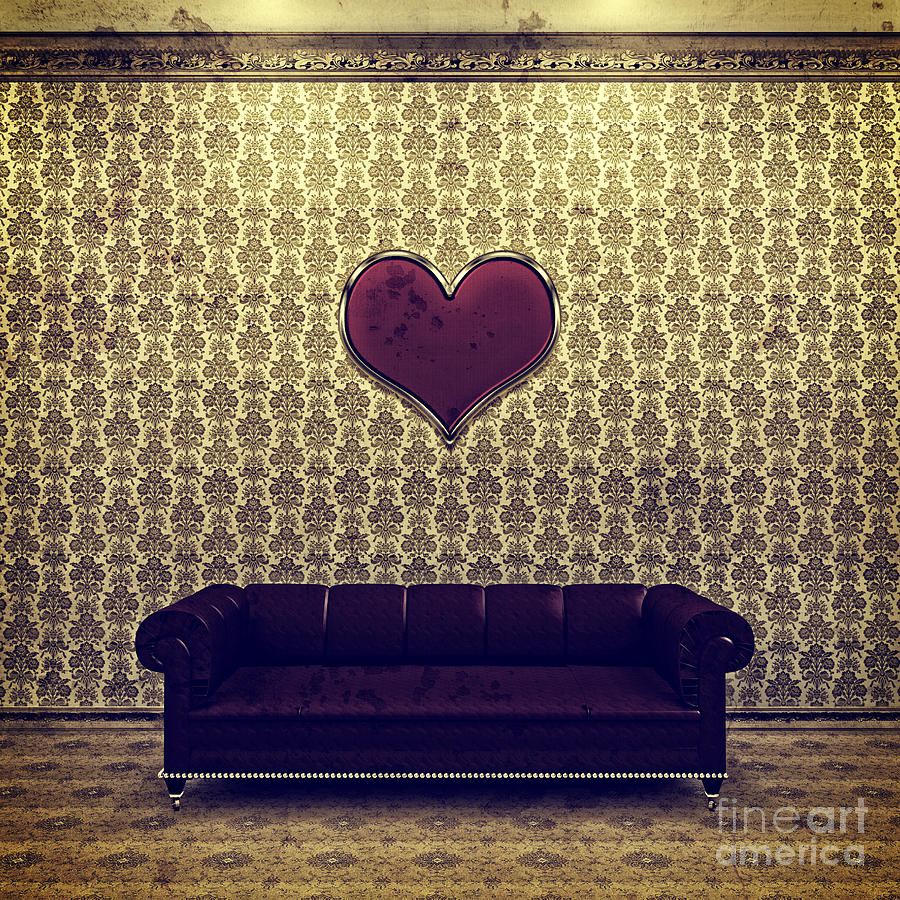 Red Heart and Purple Couch in a Gold Victorian Room Digital Art by Beverly Claire Kaiya