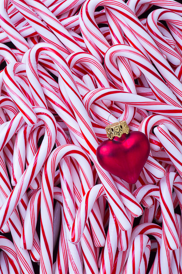 Red heart ornament on candy canes Photograph by Garry Gay