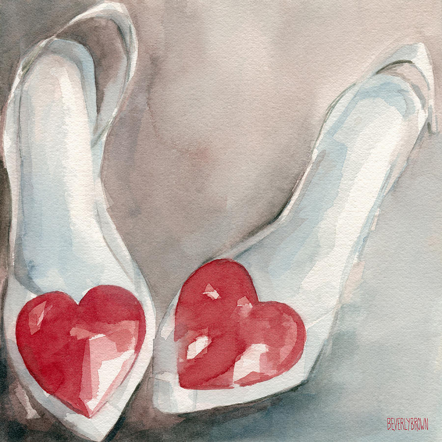 Valentines Day Painting - Red Heart Paintings of Shoes Print by Beverly Brown Prints