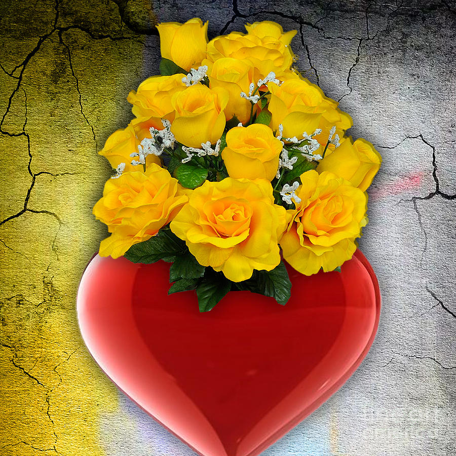 Red Heart Vase with Yellow Roses Mixed Media by Marvin Blaine