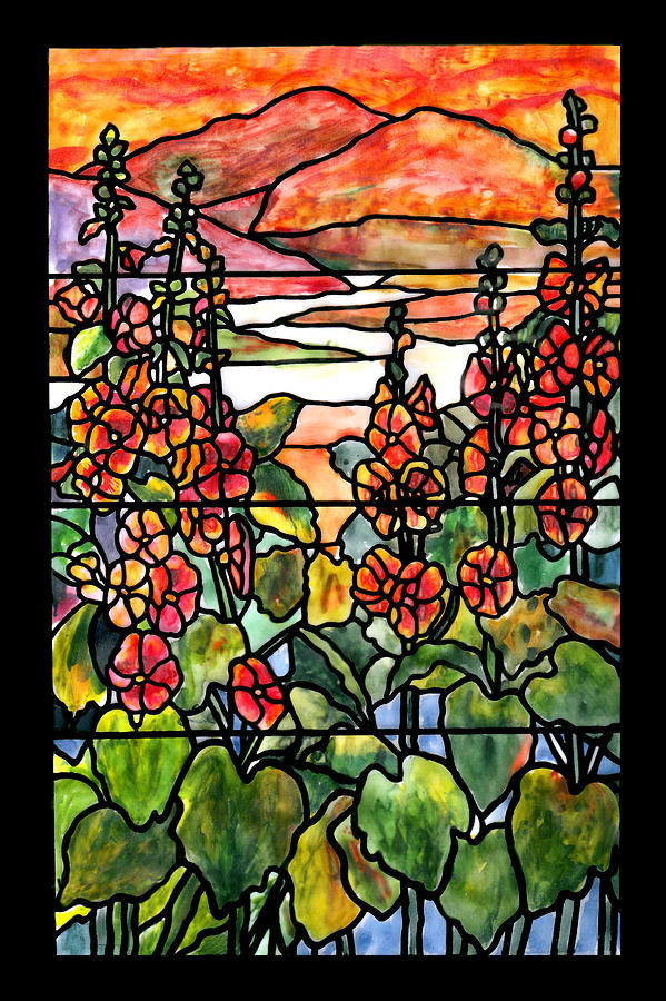 Stained Glass Tiffany Red hollyhocks in landscape in watercolor Painting by  Donna Walsh - Pixels