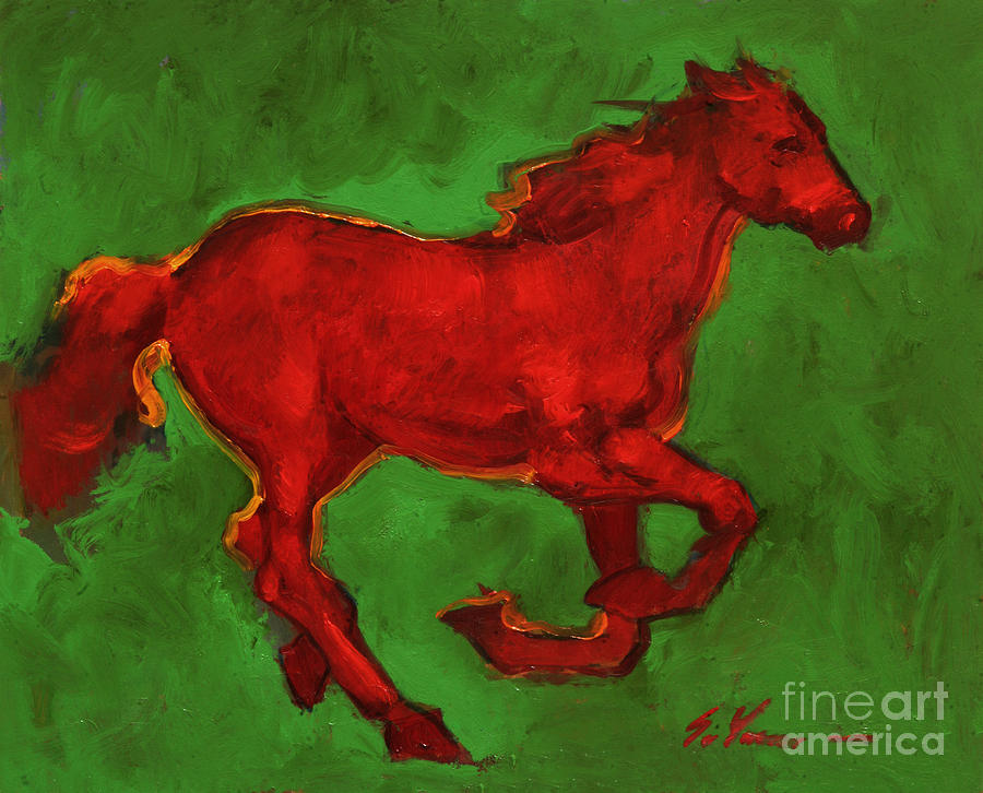 Красно зеленая картина. Красная лошадка. Конь красного цвета. Изображение красного коня. Красные лошади в пейзаже.