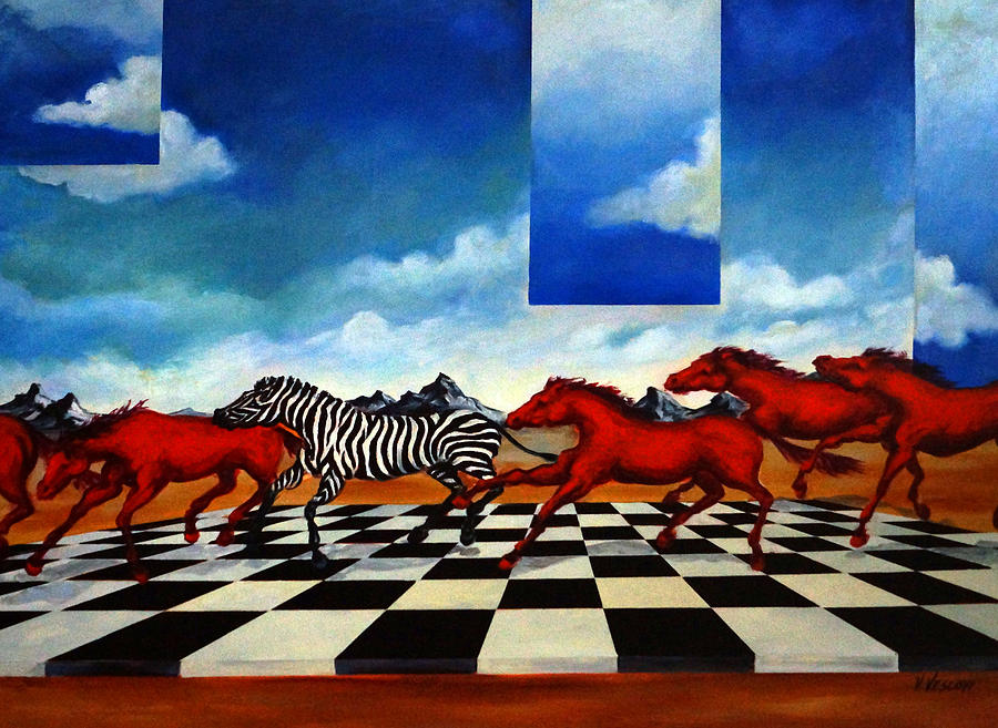 Red Horses with Zebra Painting by Valerie Vescovi