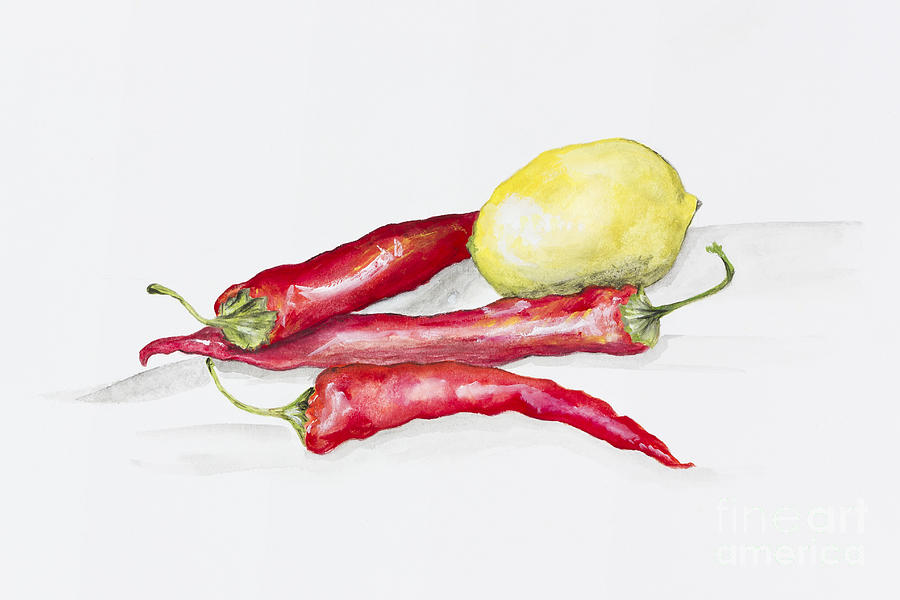 Vegetable Painting - Red hot chili peppers and lemone by Irina Gromovaja
