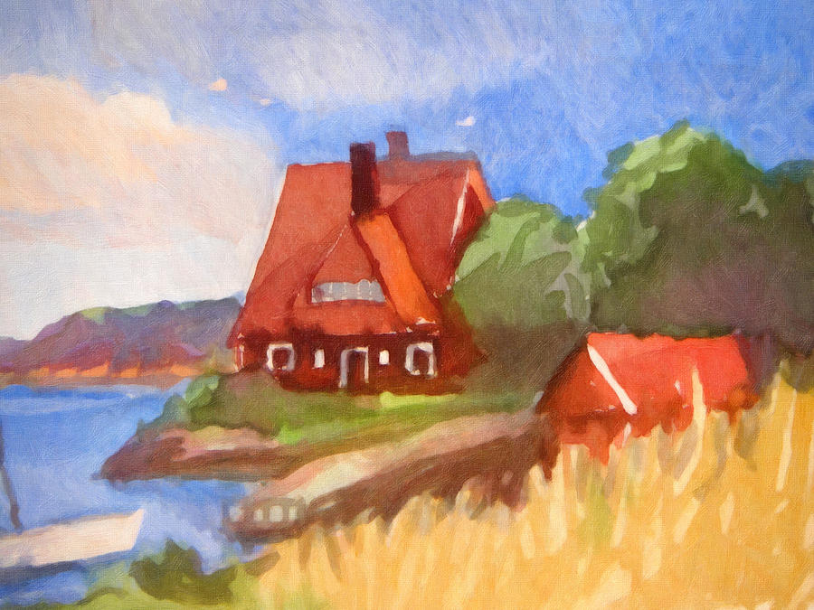 Red House by the Sea Painting by Lutz Baar