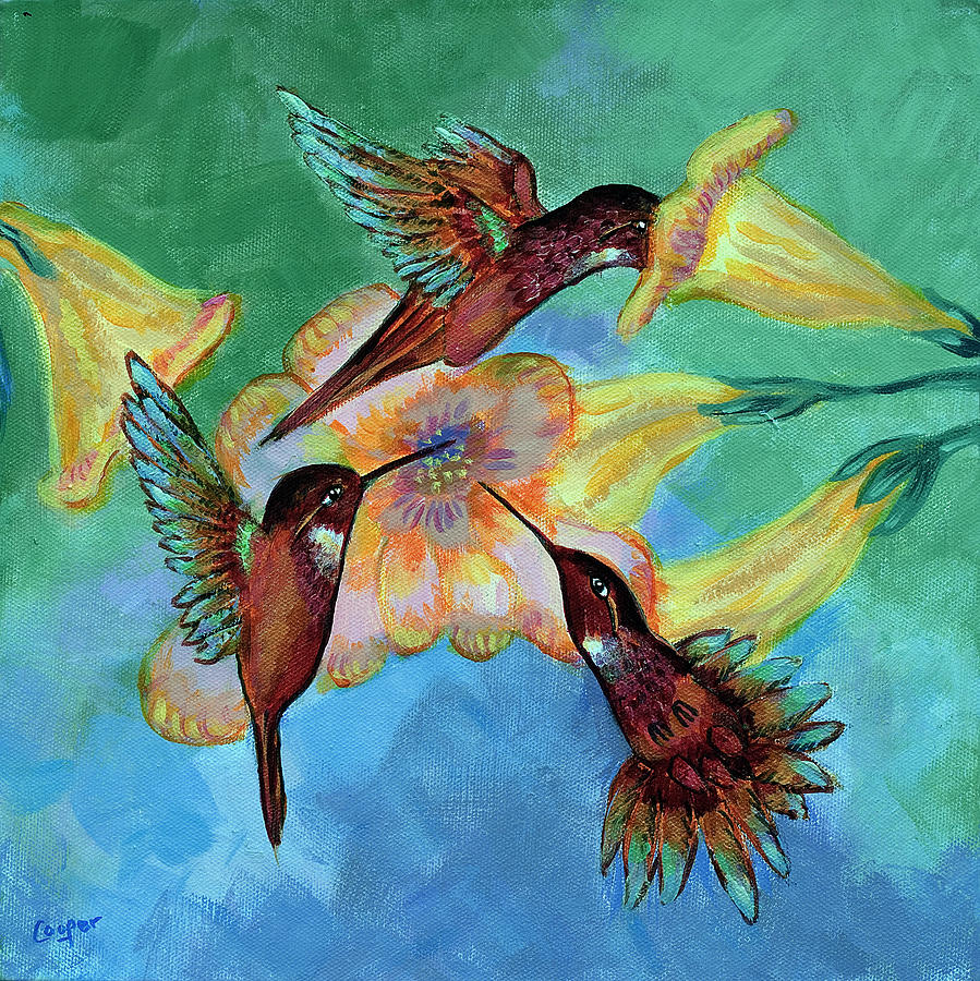 Red Hummingbirds Painting by Sonni Cooper