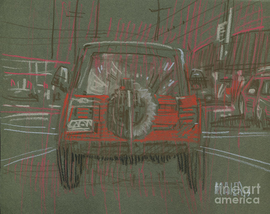 Jeep Drawing - Red Jeep by Donald Maier