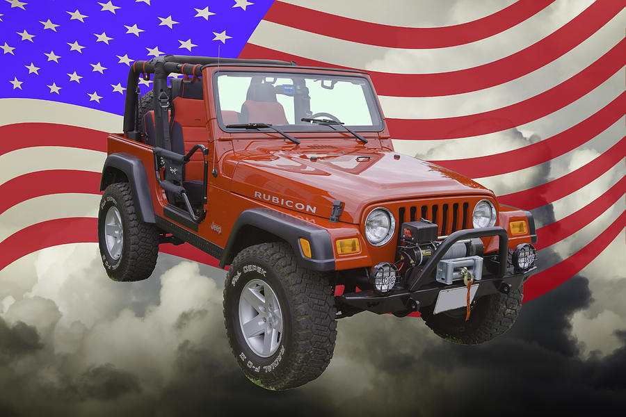 Red Jeep Wrangler Rubicon with American Flag Photograph by Keith Webber Jr