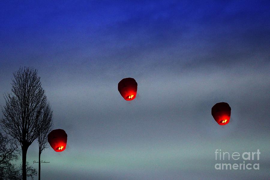 Red Lanterns in sky Photograph by Yumi Johnson