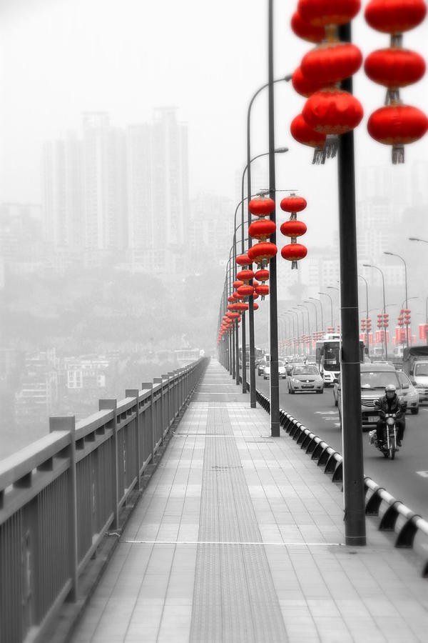 Red Lanterns on a Bridge Photograph by Valentino Visentini