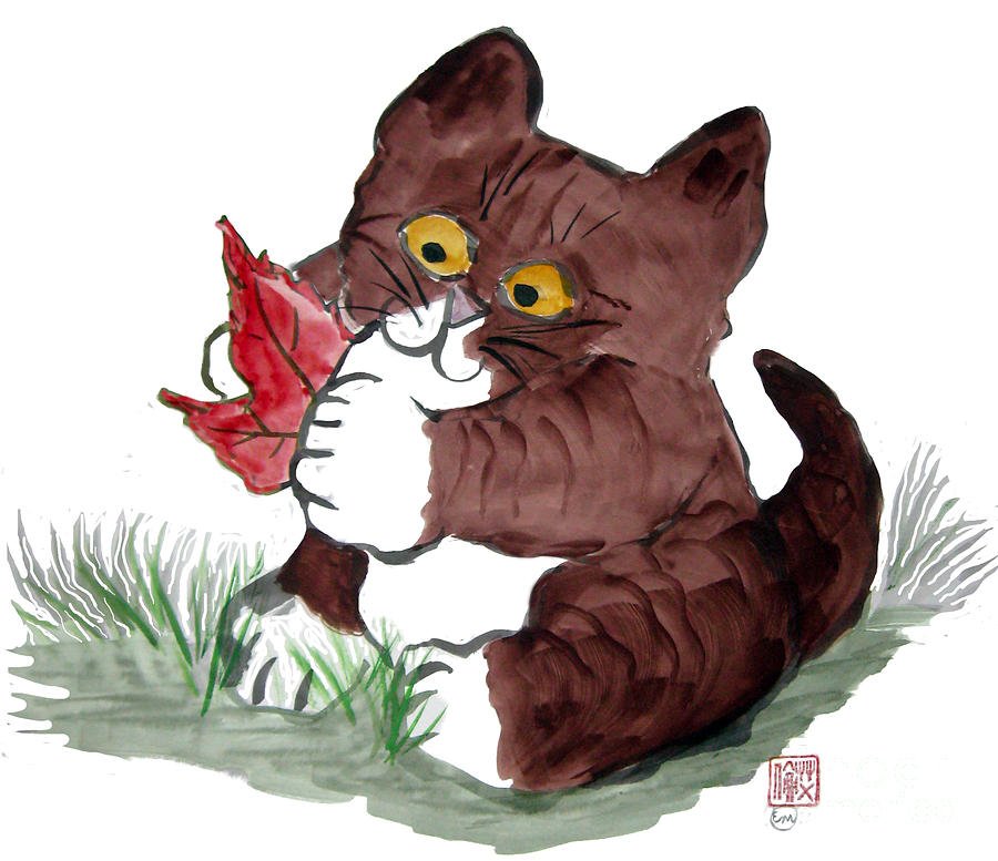 Red Leaf Gotcha by Kitten Painting by Ellen Miffitt