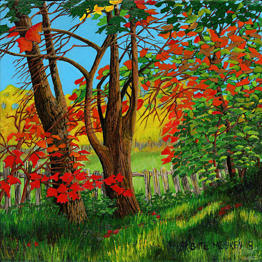 Landscape Painting - Red Leaves By Fence by Brigitte  Meskey