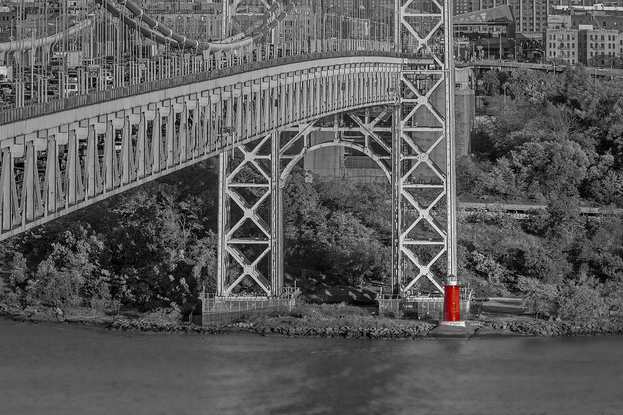 Red Lighthouse And Great Gray Bridge BW Photograph by Susan Candelario