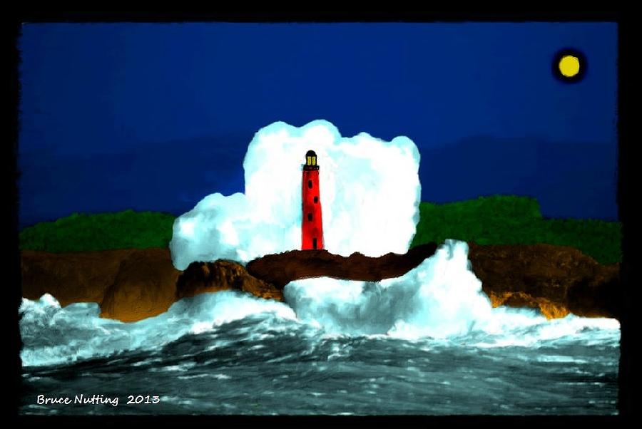 Red Lighthouse at Night Painting by Bruce Nutting
