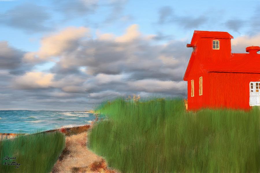 Red Lighthouse by the Sea Painting by Bruce Nutting