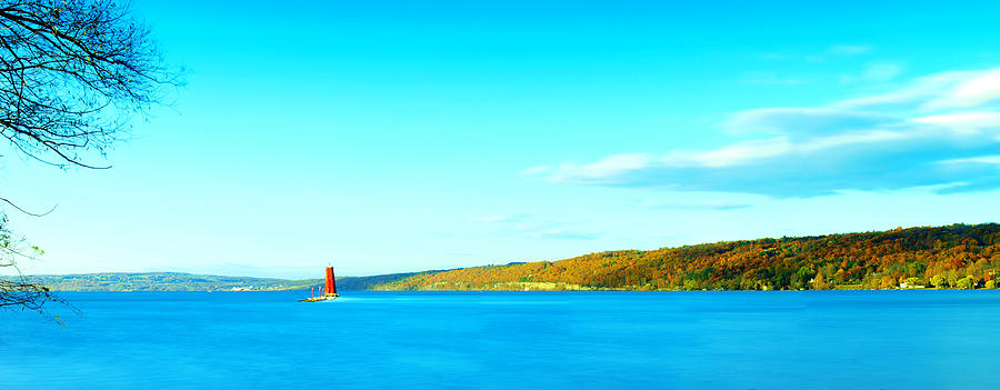 Red Lighthouse In Cayuga Lake New York Panoramic Photography Photograph by Paul Ge