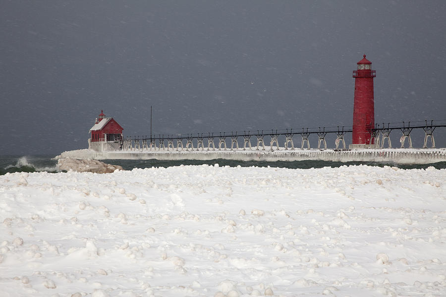 Red Lighthouses - Winter - Stormy Weather Photograph by Lone Palm Studio