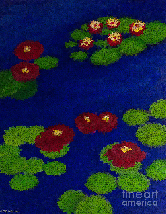 Red Lily Pond Mosaic Painting by Anita Lewis