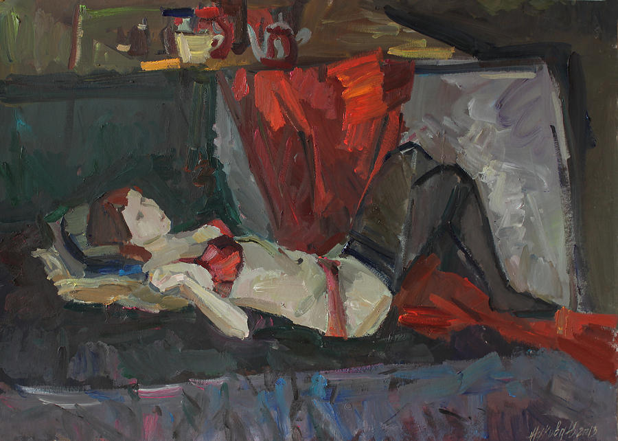 Nude Painting - Red lingerie by Juliya Zhukova