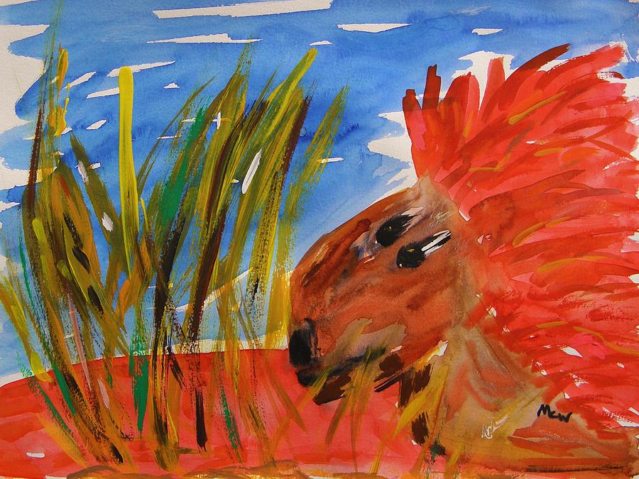 Red Lion in Tall Yellow Grass Painting by Mary Carol Williams