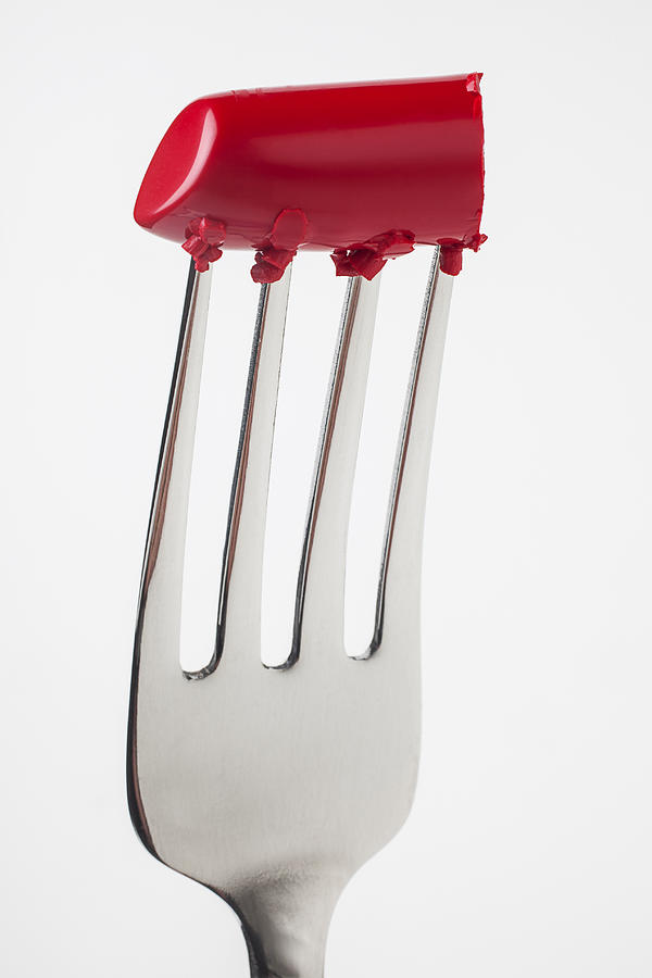 Still Life Photograph - Red Lipstick On Fork by Garry Gay