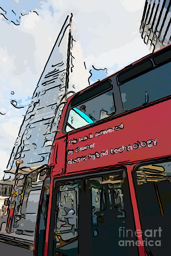 London Digital Art - Red London Bus and The Shard - Pop Art Style by Ian Monk