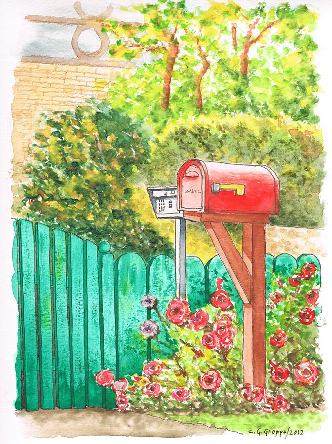 Red mail box in Beverly Hills - California Painting by Carlos G Groppa