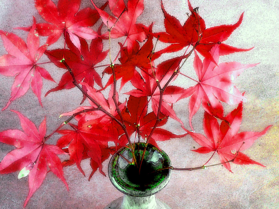 Red Maple Leaves in a Green Vase Photograph by Louise Kumpf