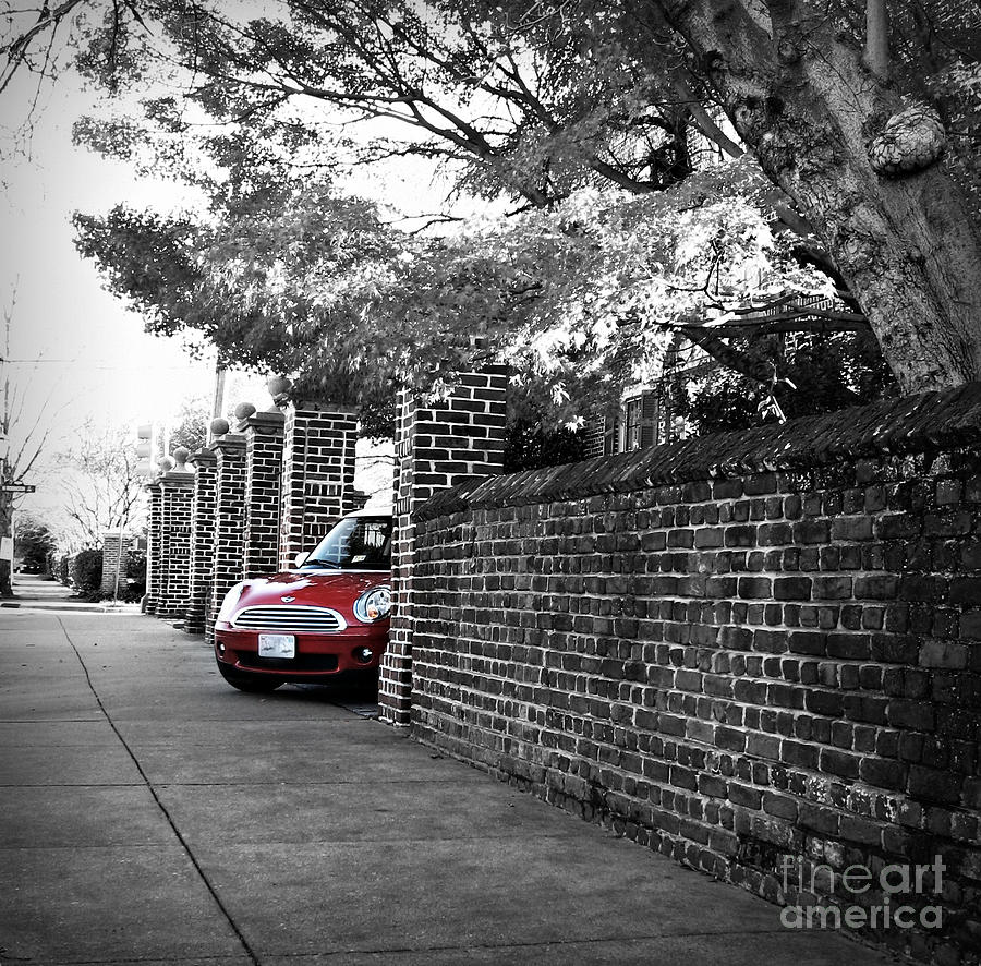 Black And White Photograph - Red Mini Cooper- The Debut by Nancy Dole McGuigan