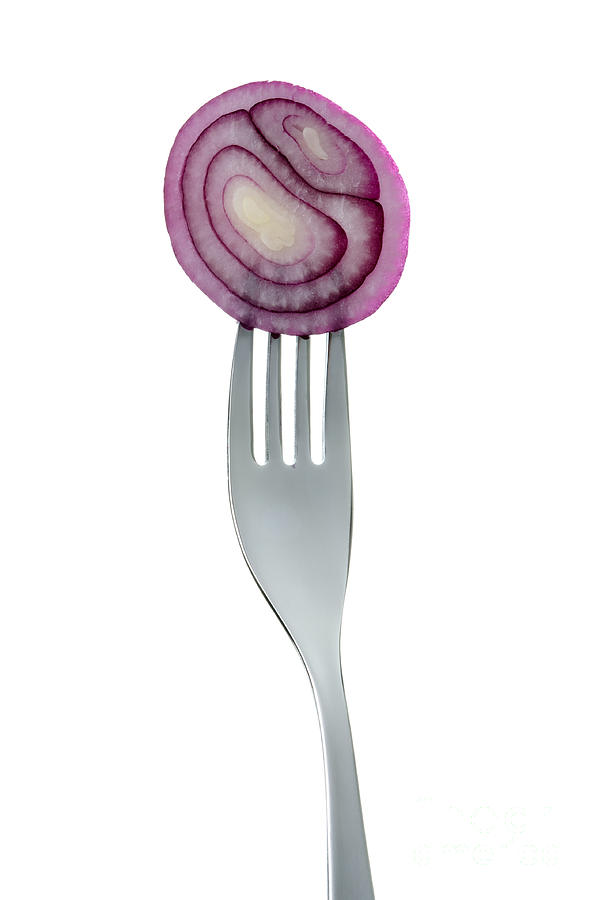 Red Onion Rings On A Fork Against White Background Photograph by Lee Avison
