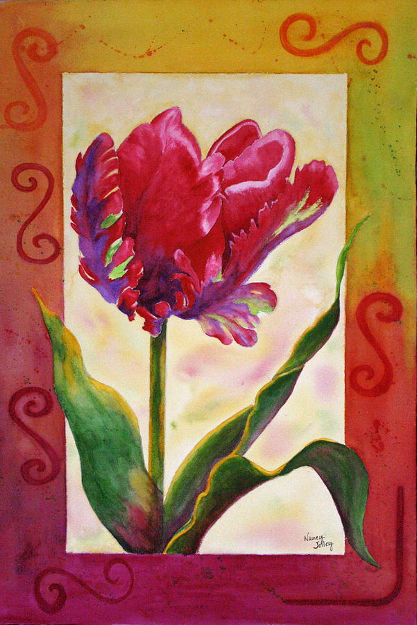 Red Parrot Tulip Painting by Nancy Jolley