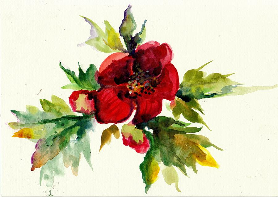 Red Peony with Leaf Watercolor Painting by Tiberiu Soos