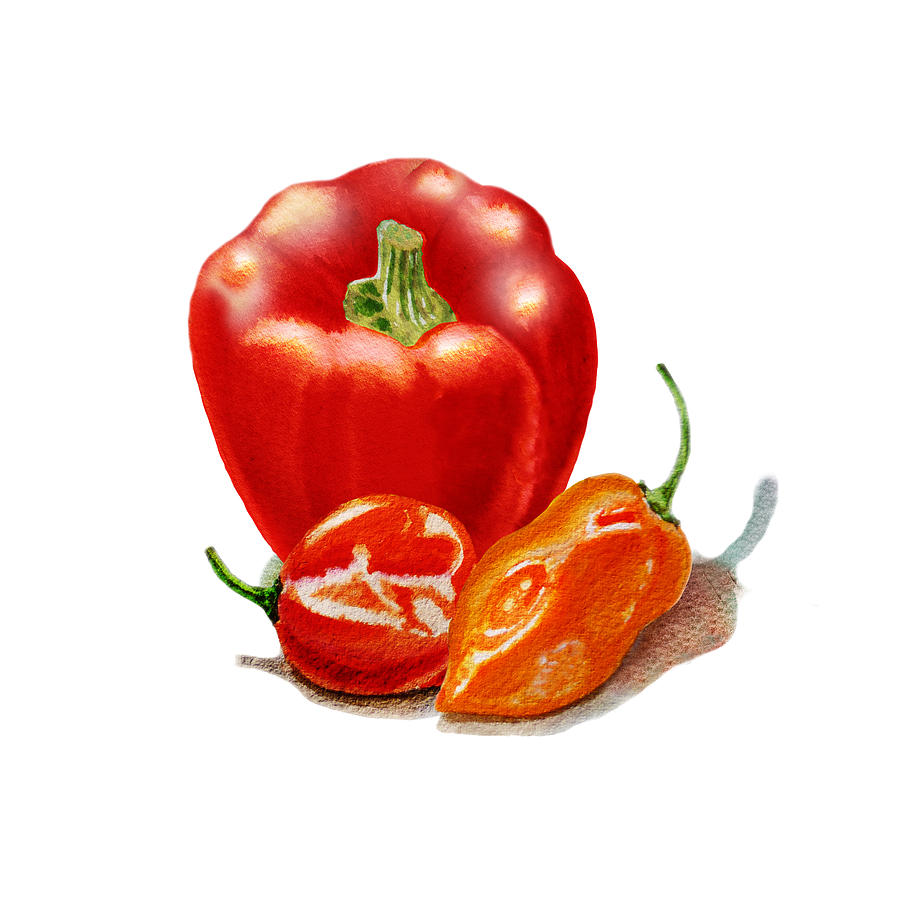 Red Pepper With Hot Peppers Painting by Irina Sztukowski