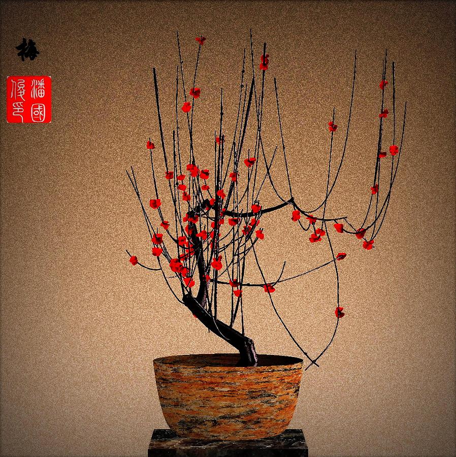 Spring Digital Art - Red Plum Blossoms by GuoJun Pan