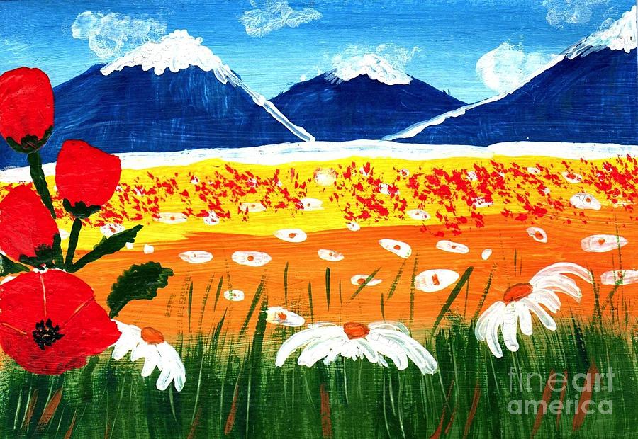 Mountain Painting - Red Poppies and Blue Mountains by Eliza Donovan