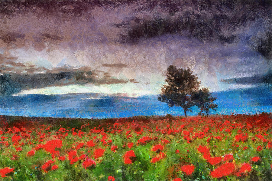 Poppy Painting - Red poppies before the storm by Georgi Dimitrov