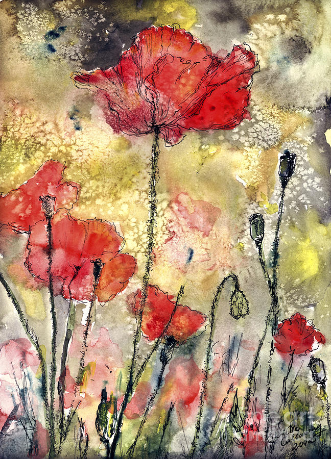Red Poppies Botanical Watercolor and Ink Painting by Ginette Callaway